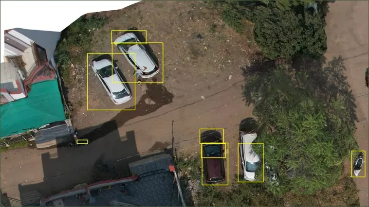 A drone image with automatic object detection boxes