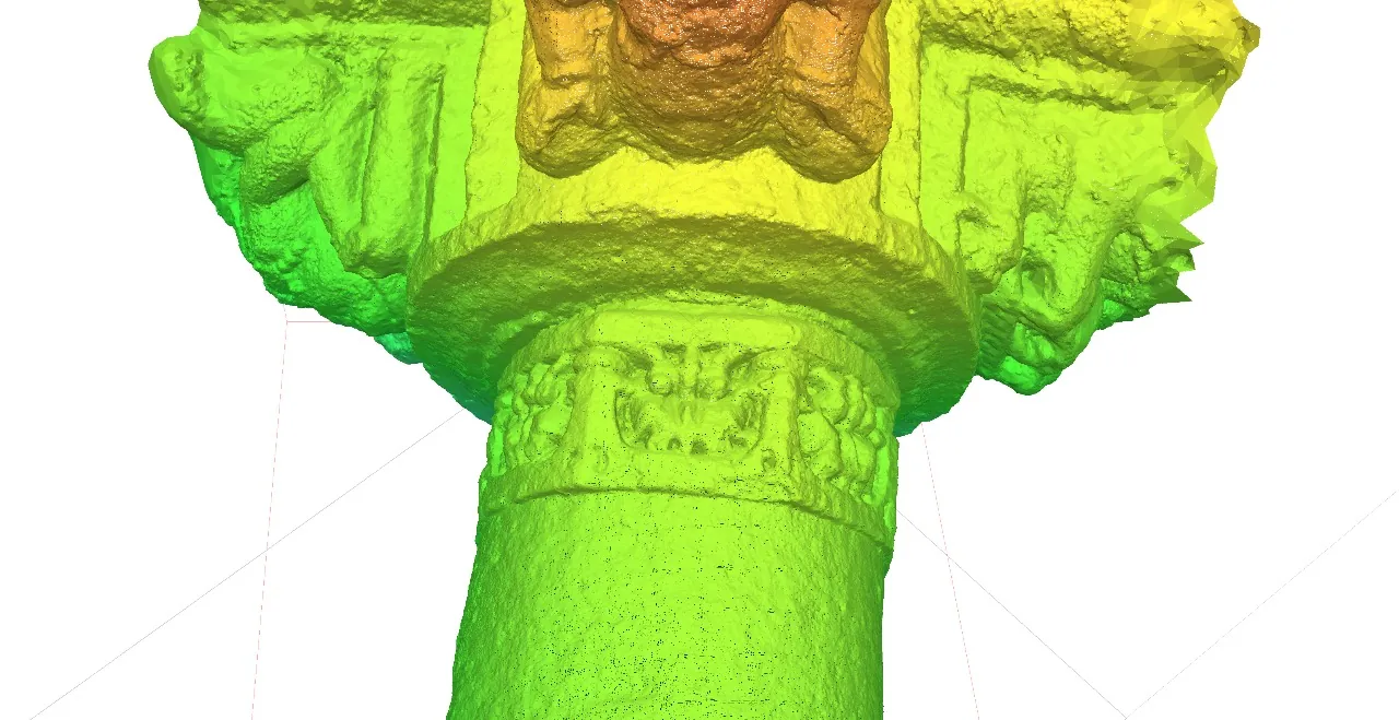 A colour-coded LiDAR point cloud of a carved stone column