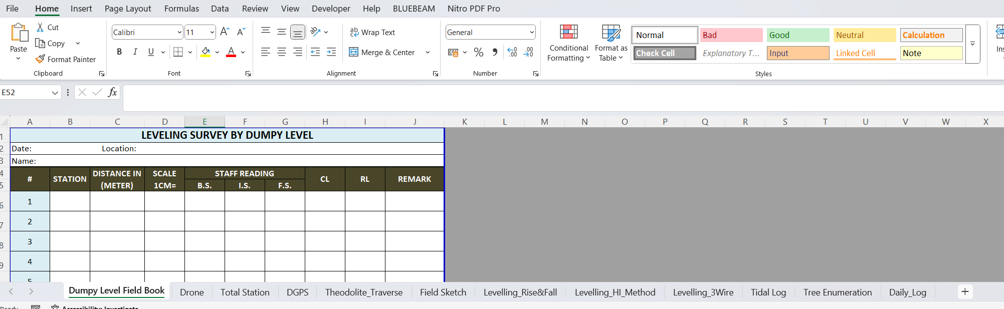 Various Survey Field Book Formats – Excel